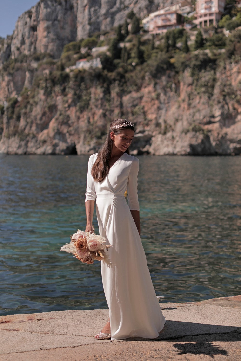 silk wrap wedding dress Simple Long Silk Satin Wedding Dress Deep V Neck