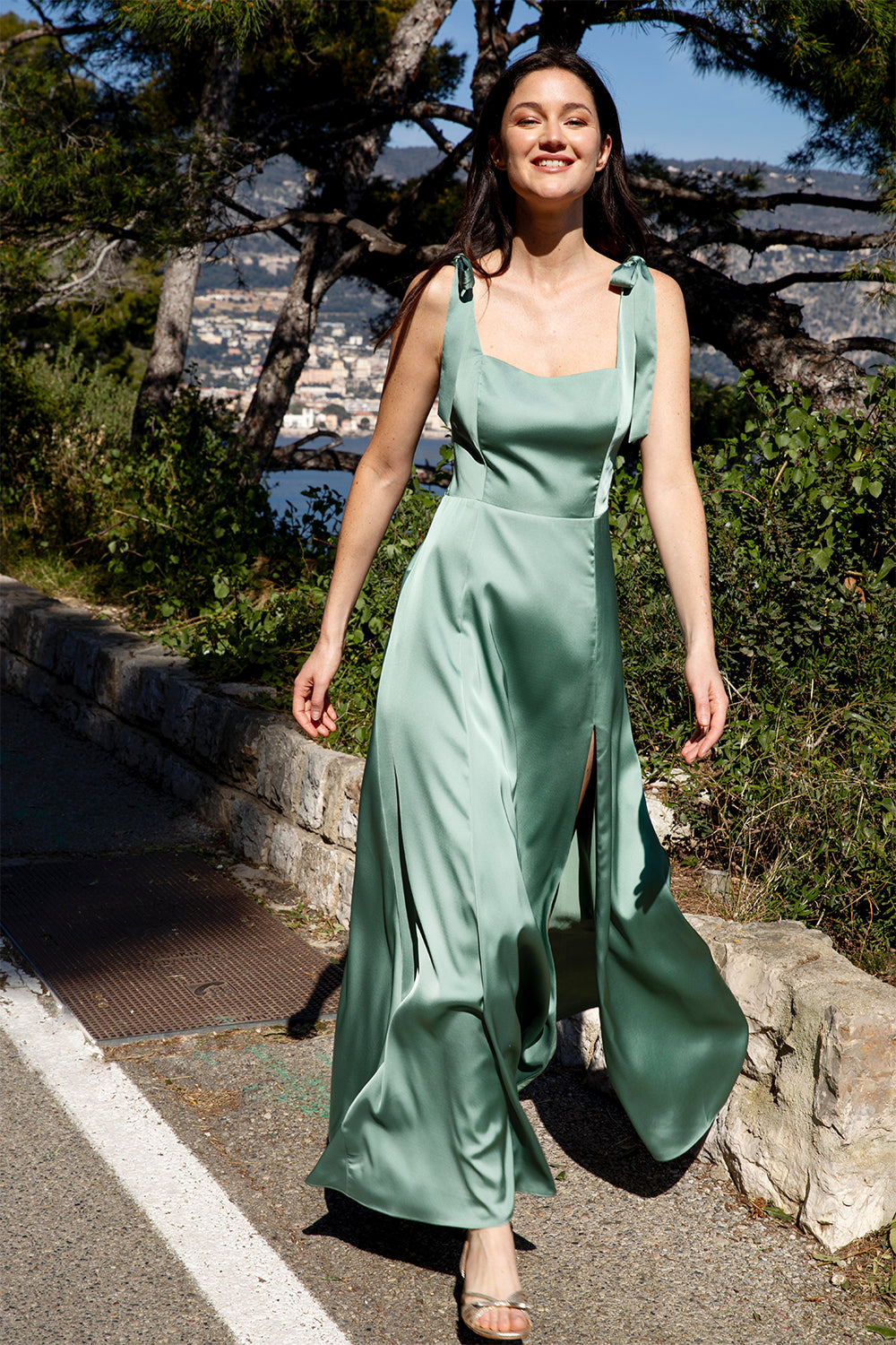 Sage green satin strapless maxi dress Sage green satin strapless maxi dress
