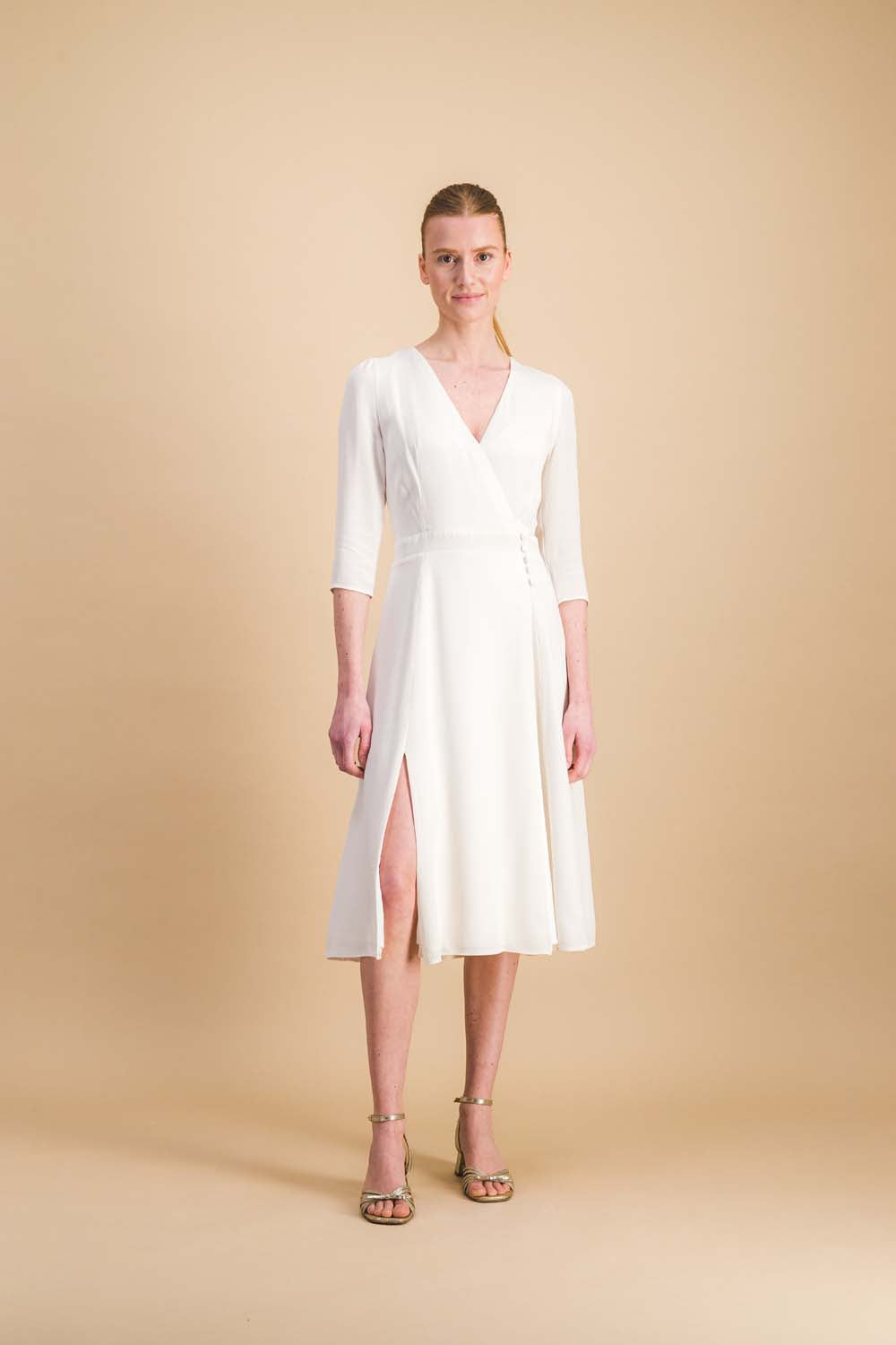 Robe mi-longue portefeuille blanche mariage civil – Maison Lemoine