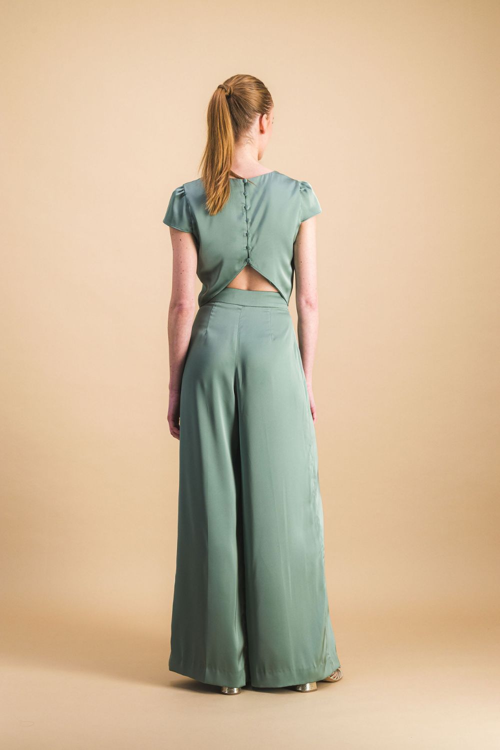 Sage green satin backless wedding guest top - Main Image