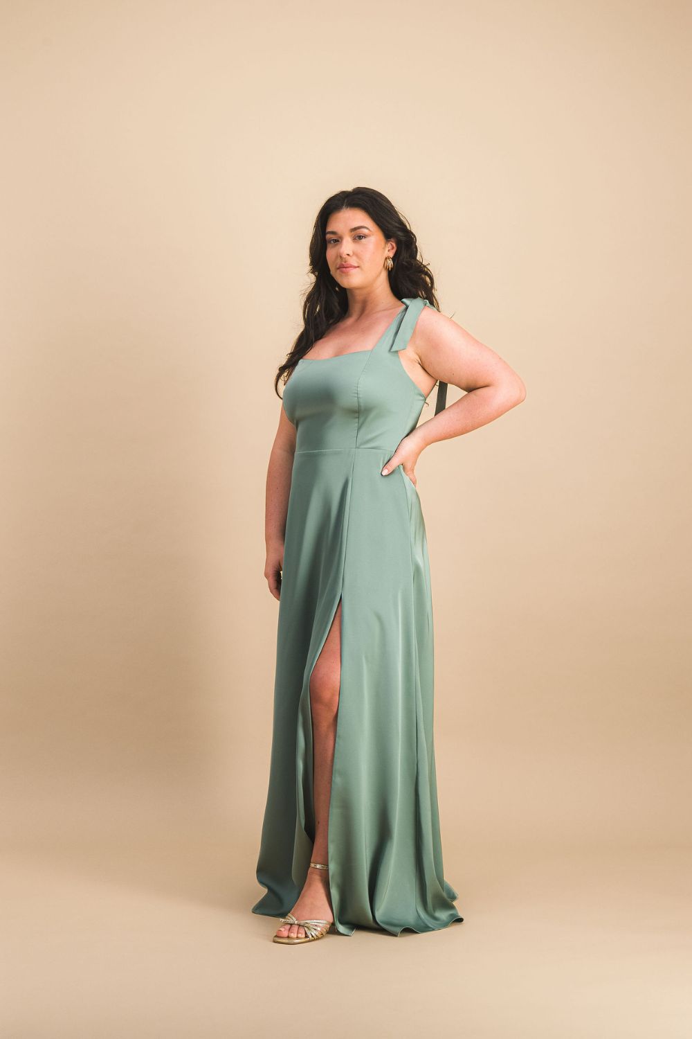 Sage green satin strapless maxi dress – Maison Lemoine